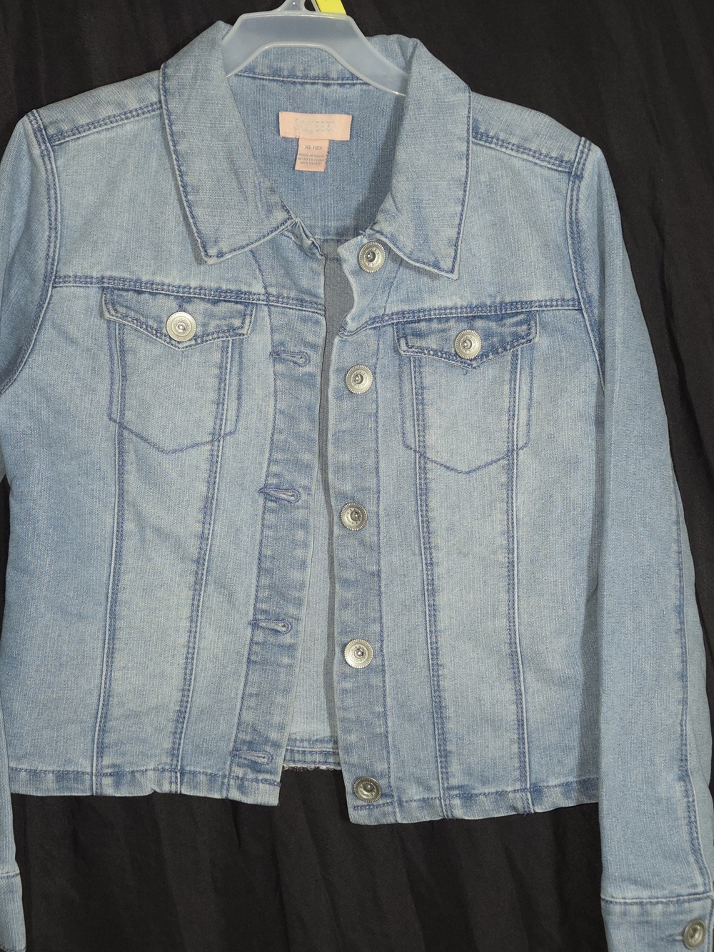 Girl's Squeeze Light Blue Denim Jacket With Colorful Sequin On The Back.